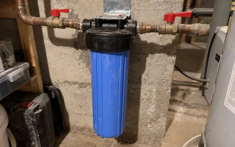 Big Blue 10 inch filter housing installed on a home’s main water line in a basement