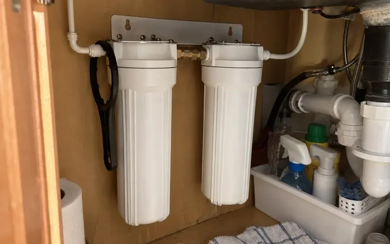 Two slim 10 inch filter housings mounted on one bracket under a kitchen sink