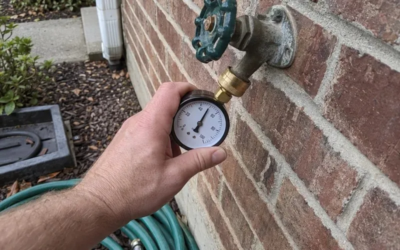 Hand screwing a water pressure gauge onto an outdoor hose bib