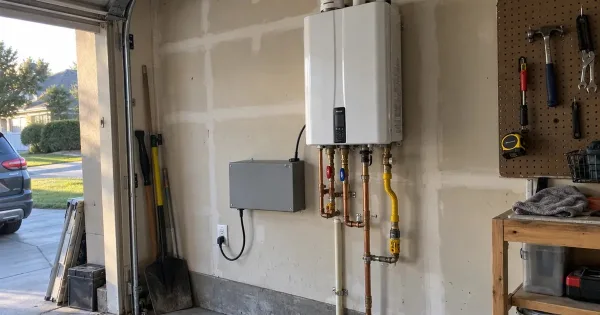 Battery backup box mounted next to a gas tankless water heater on a garage wall