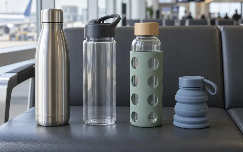 Empty stainless steel, plastic, glass and collapsible silicone water bottles lined up on an airport gate seat