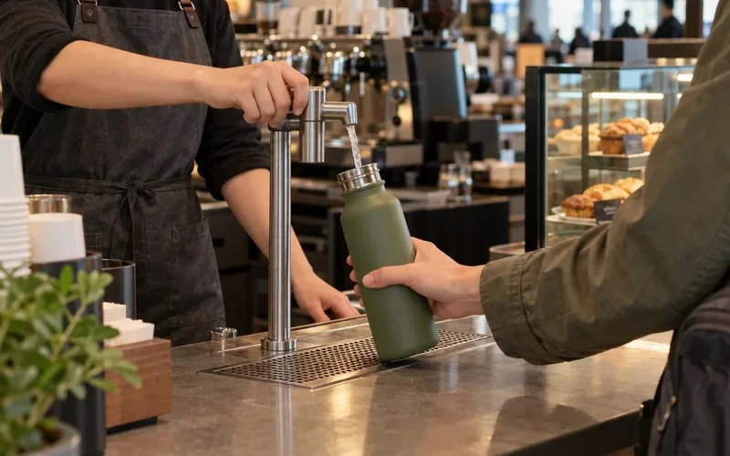Airport cafe worker filling a customer's reusable water bottle with tap water behind the counter
