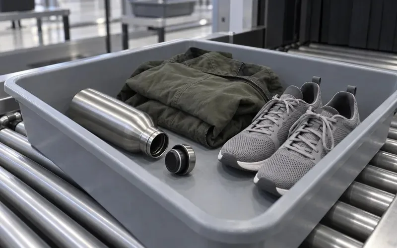 Empty stainless steel water bottle with its cap off in a gray security bin on an airport X-ray conveyor belt