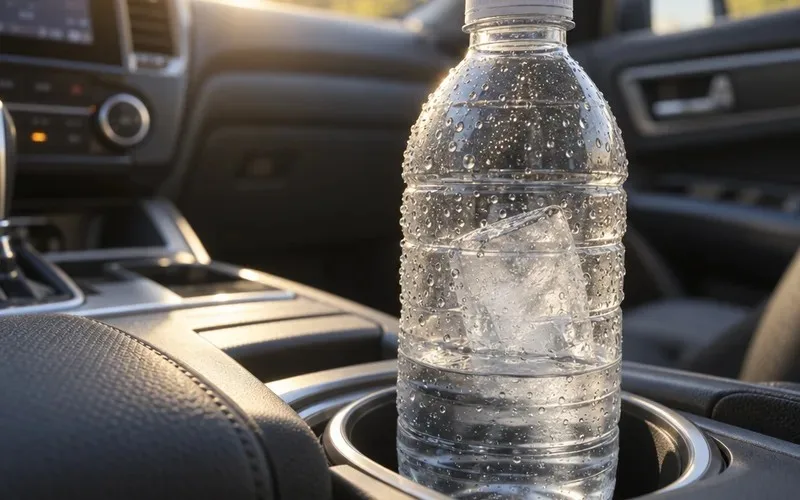 Plastic water bottle with partly melted ice and condensation sitting in a car cup holder
