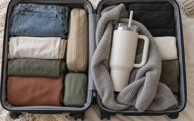 Large insulated tumbler wrapped in a sweater inside an open carry-on suitcase