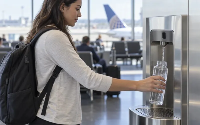 Traveler refilling an empty water bottle at a bottle-filling station past airport security