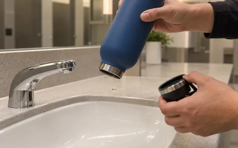 Hands tipping a reusable water bottle upside down over an airport restroom sink to empty the last drops