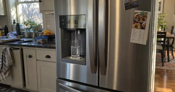 Refrigerator door water dispenser pouring water into a clear glass in a home kitchen