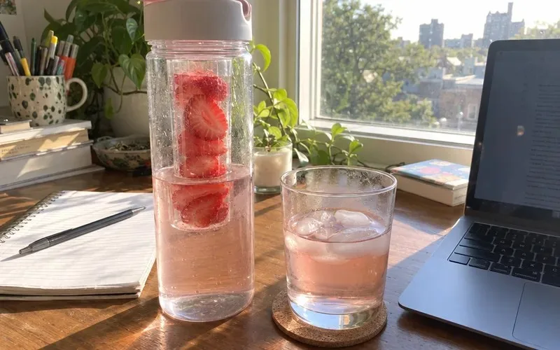 Infuser bottle with strawberries next to a glass of lightly flavored strawberry water on a desk
