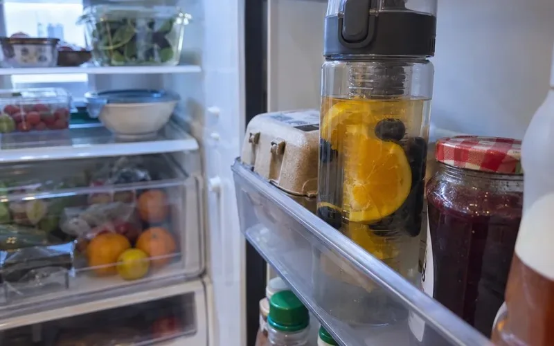 Fruit infuser water bottle with orange and blueberries chilling in a refrigerator door