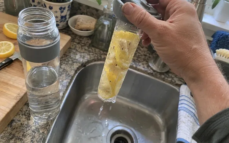 Removable infuser rod packed with lemon slices, showing the small holes that keep seeds in