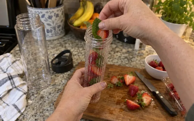 Halved strawberries and mint being packed into a center-rod infuser tube