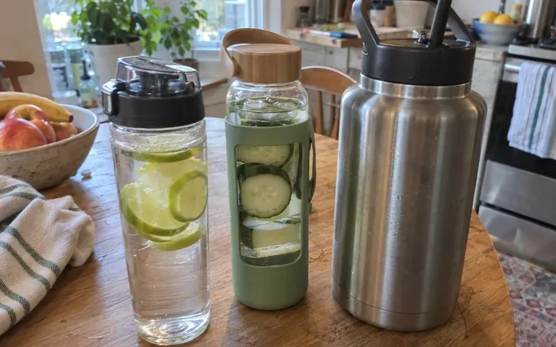 Plastic, glass and stainless steel fruit infuser bottles side by side on a table