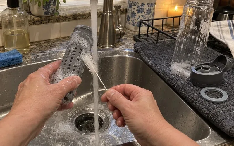 Thin bottle brush cleaning the holes of an infuser rod under running water