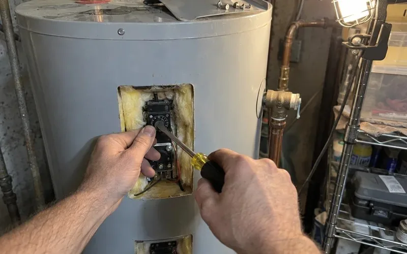 Hands adjusting the thermostat behind the access panel of an electric water heater