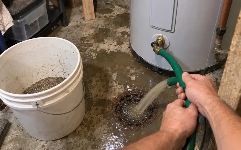 Hands holding a garden hose draining sediment from a water heater drain valve