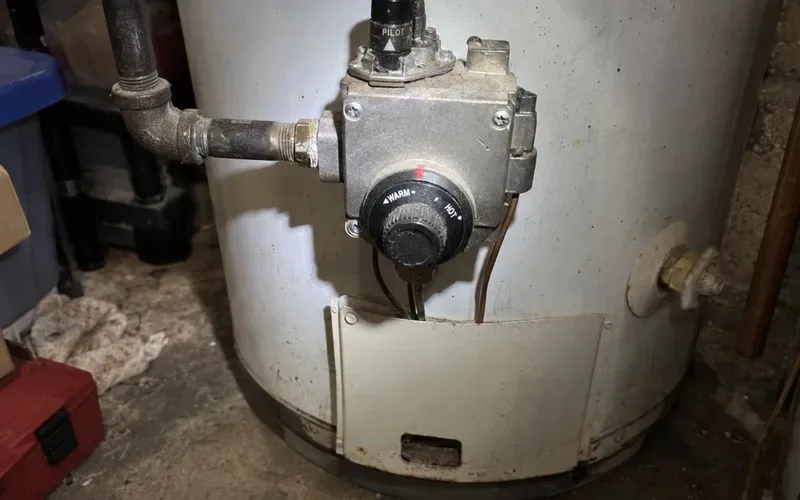 Gas control valve and temperature dial on a tank water heater