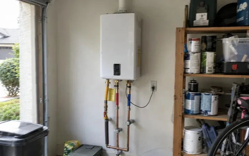 Tankless water heater mounted on a garage wall with pipes below it