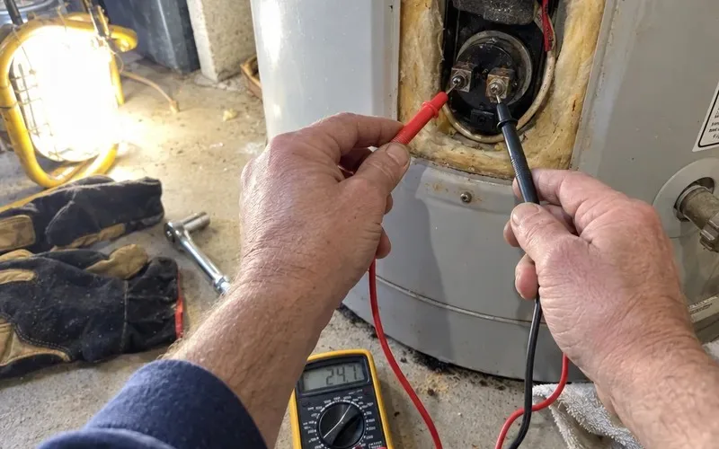 Hands testing an electric water heater heating element with a multimeter