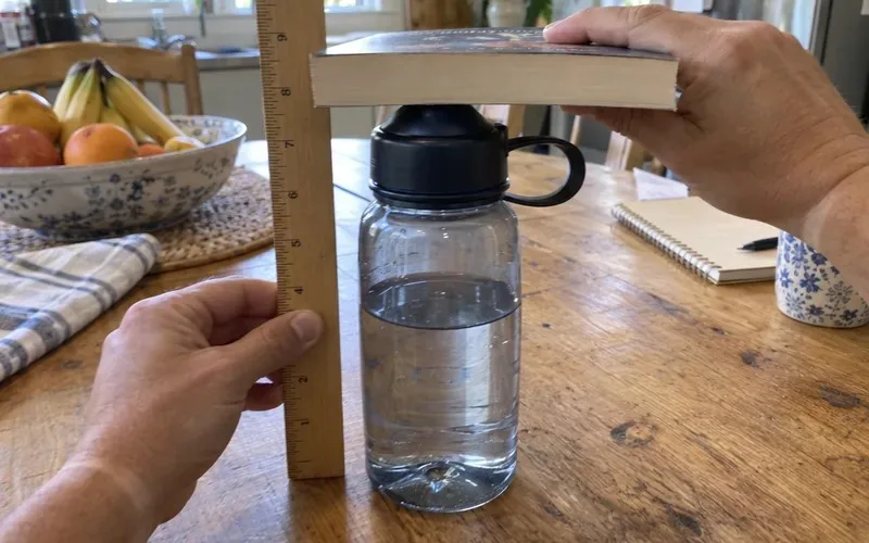 Hands measuring a water bottle's height with a ruler and a book laid flat on the lid