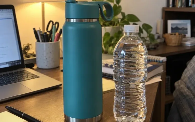 Insulated stainless steel straw-lid bottle standing taller than a 16.9 oz plastic water bottle
