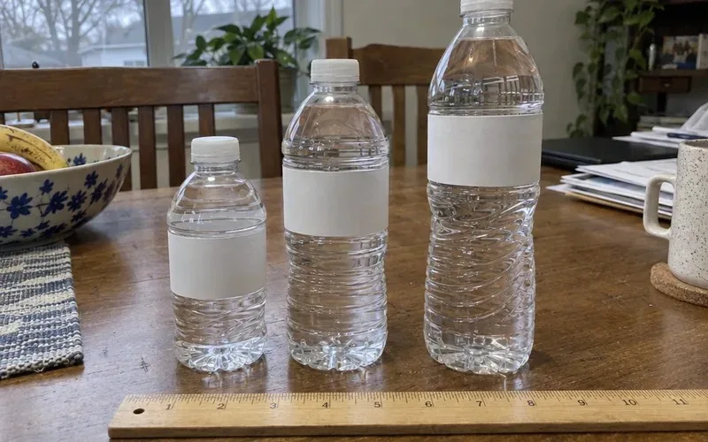 8 oz, 12 oz and 16.9 oz plastic water bottles lined up from shortest to tallest