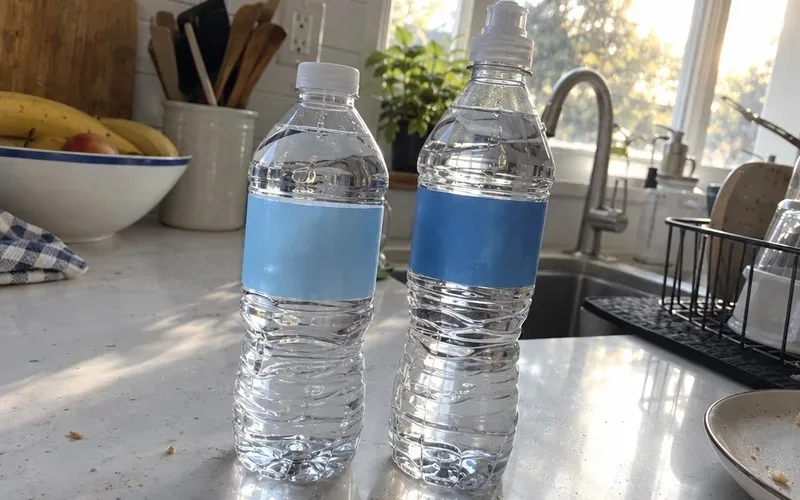 Two 16.9 oz plastic water bottles of slightly different heights side by side on a counter