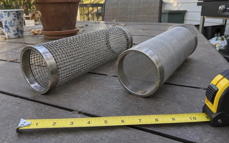 Coarse and fine stainless steel filter screens side by side for comparing mesh sizes