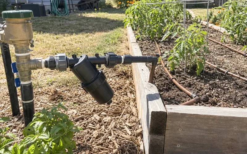 Y-style screen filter installed on a drip irrigation line beside a raised garden bed