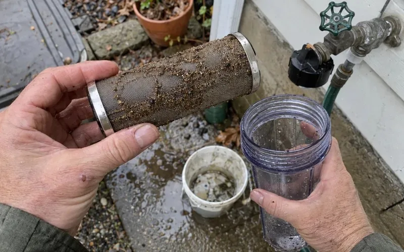 Hands holding a stainless steel filter screen coated with trapped sand and grit