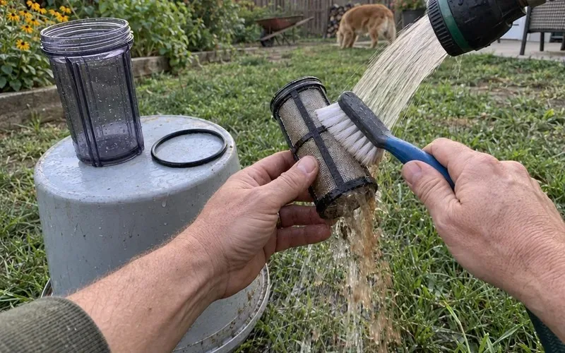 Hands rinsing and brushing a mesh filter screen under a garden hose