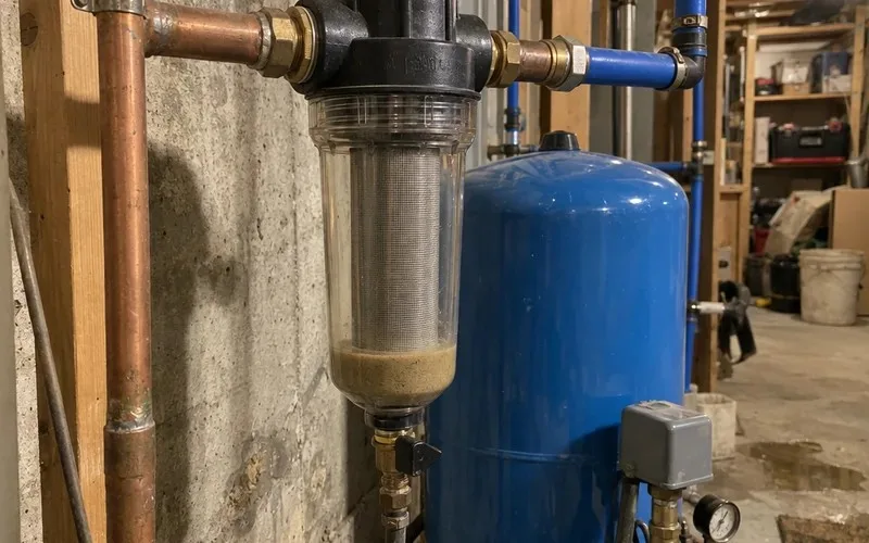 Spin-down sediment filter with sand settled in its clear bowl on a well water line