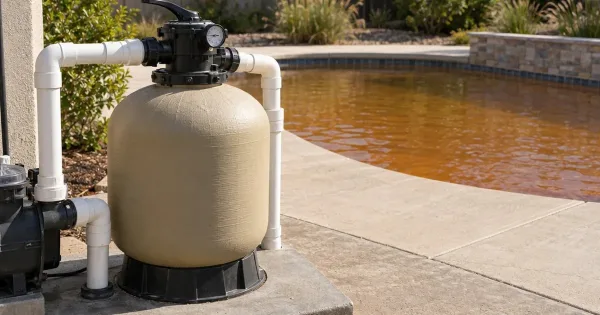 Sand filter tank with a pressure gauge beside a backyard pool whose water has an orange-brown iron tint