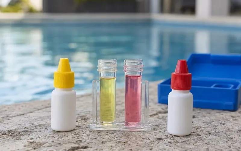 Pool water test kit with two filled sample vials and dropper bottles on the pool edge