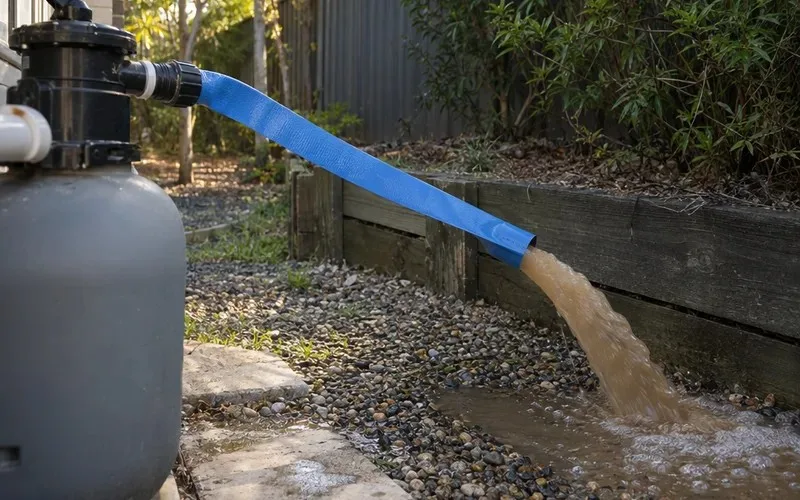 Backwash hose from a pool sand filter draining murky brown water onto gravel